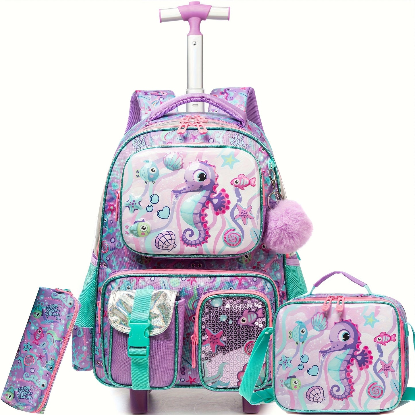 16.5" Kids Rolling Backpack Set - Wheeled Suitcase with Lunch Bag & Pencil Case for Ages 3+