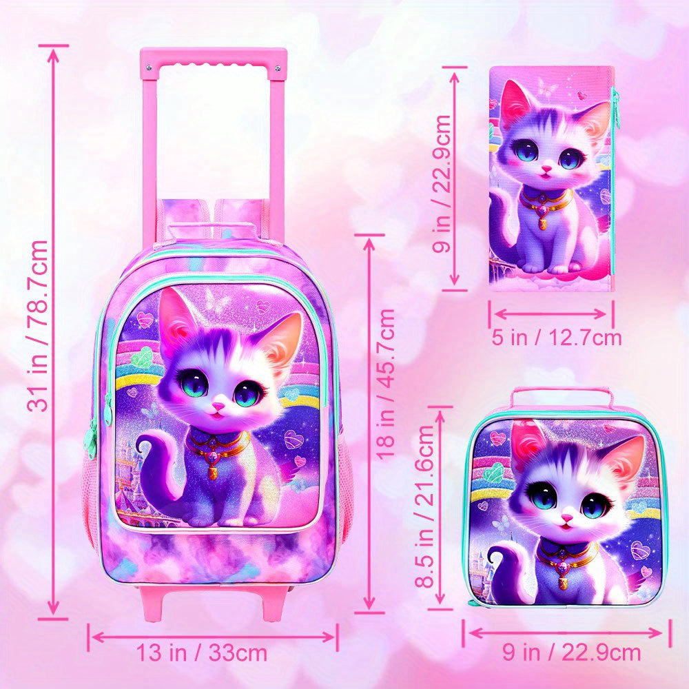 3pcs Rolling Foldable Lightweight Backpack for Girls - Kids Roller Wheeled Bookbag with Lunch Box - Pink Cat Design
