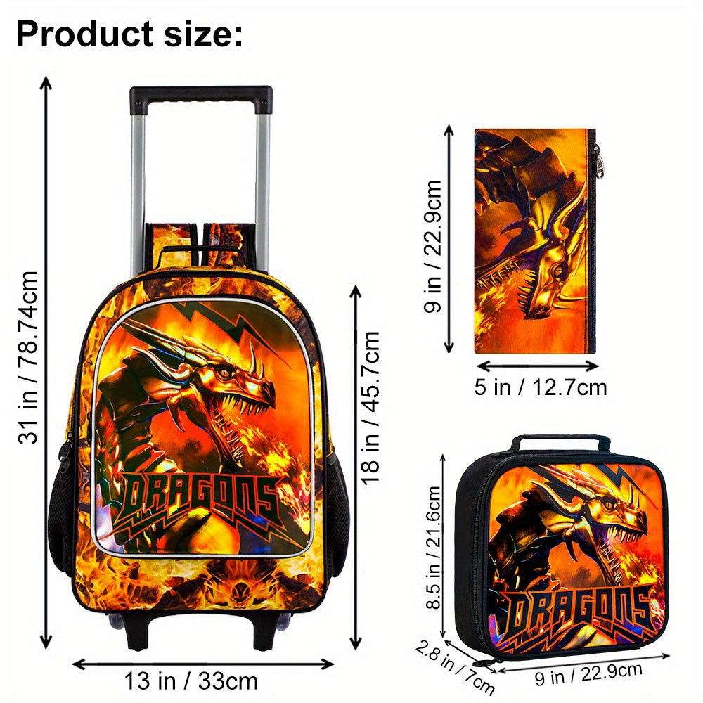 AGSDON Fire Dragon Wheeled Backpacks for Kids - Durable, Playful Design, Perfect for School & Travel