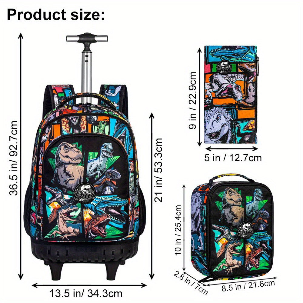 3pcs Rolling Backpack for Boys with Wheels - Black Dinosaur Design