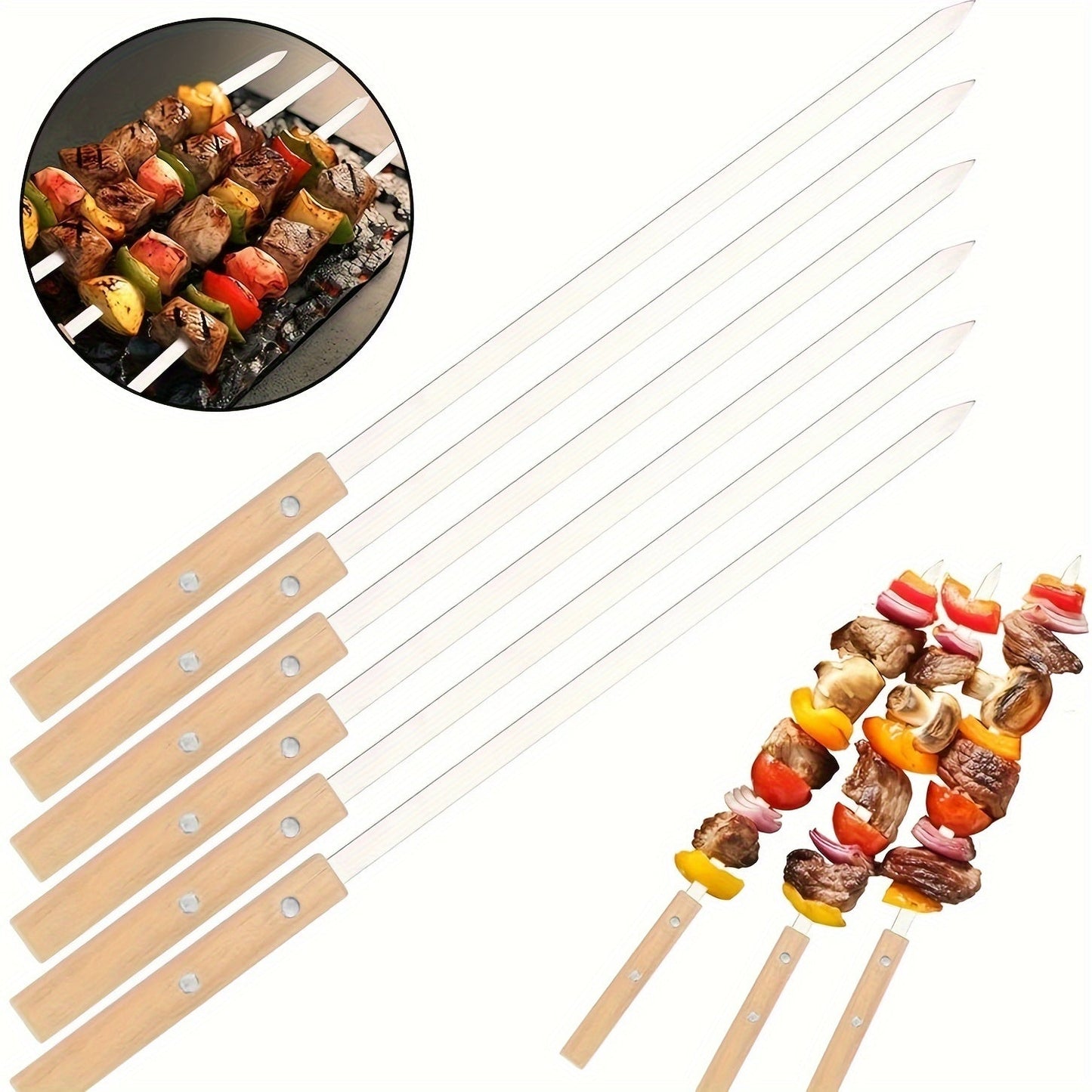 Heavy Duty Stainless Steel BBQ Skewers with Wooden Handles | Durable Outdoor Grill Utensils