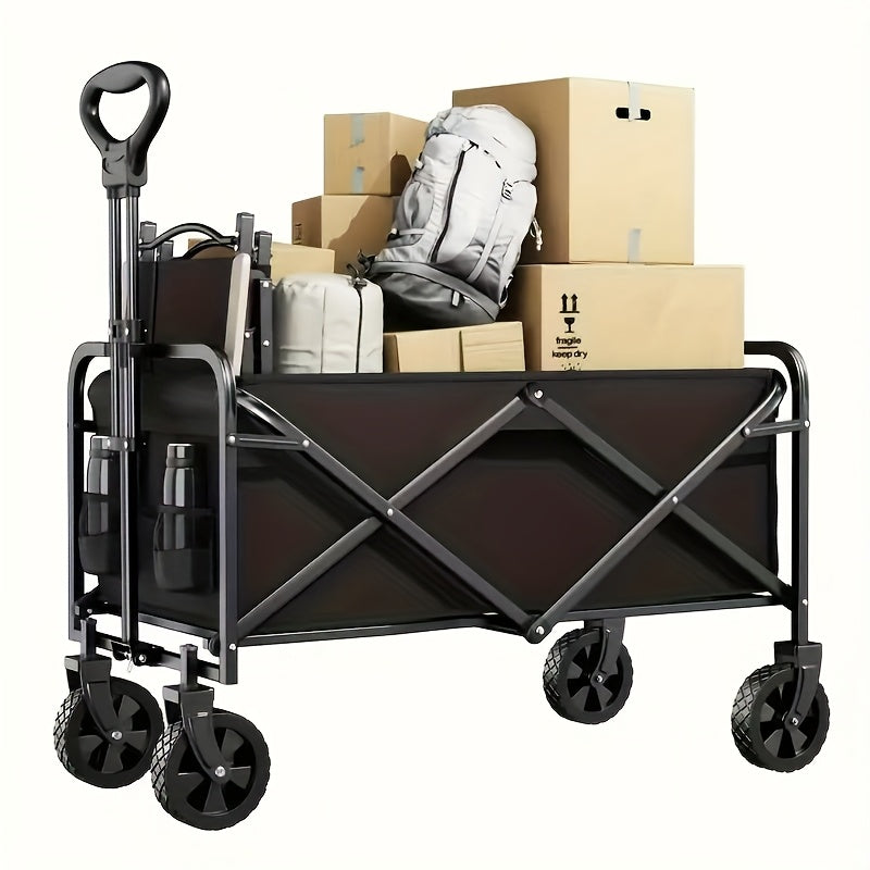 Heavy-Duty Steel Folding Cart with Large Wheels, Side Pockets, and Brakes - Perfect for Beach, Camping, and Outdoor Activities