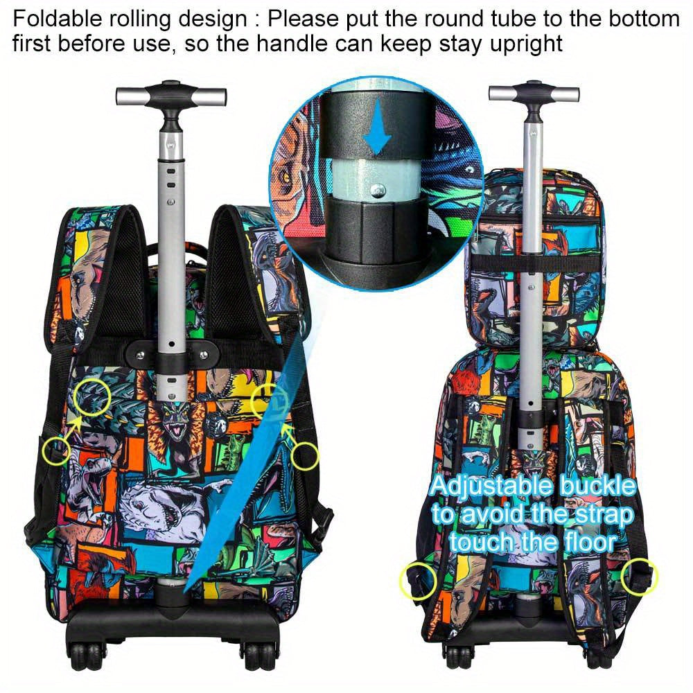 3pcs Rolling Backpack for Boys with Wheels - Black Dinosaur Design