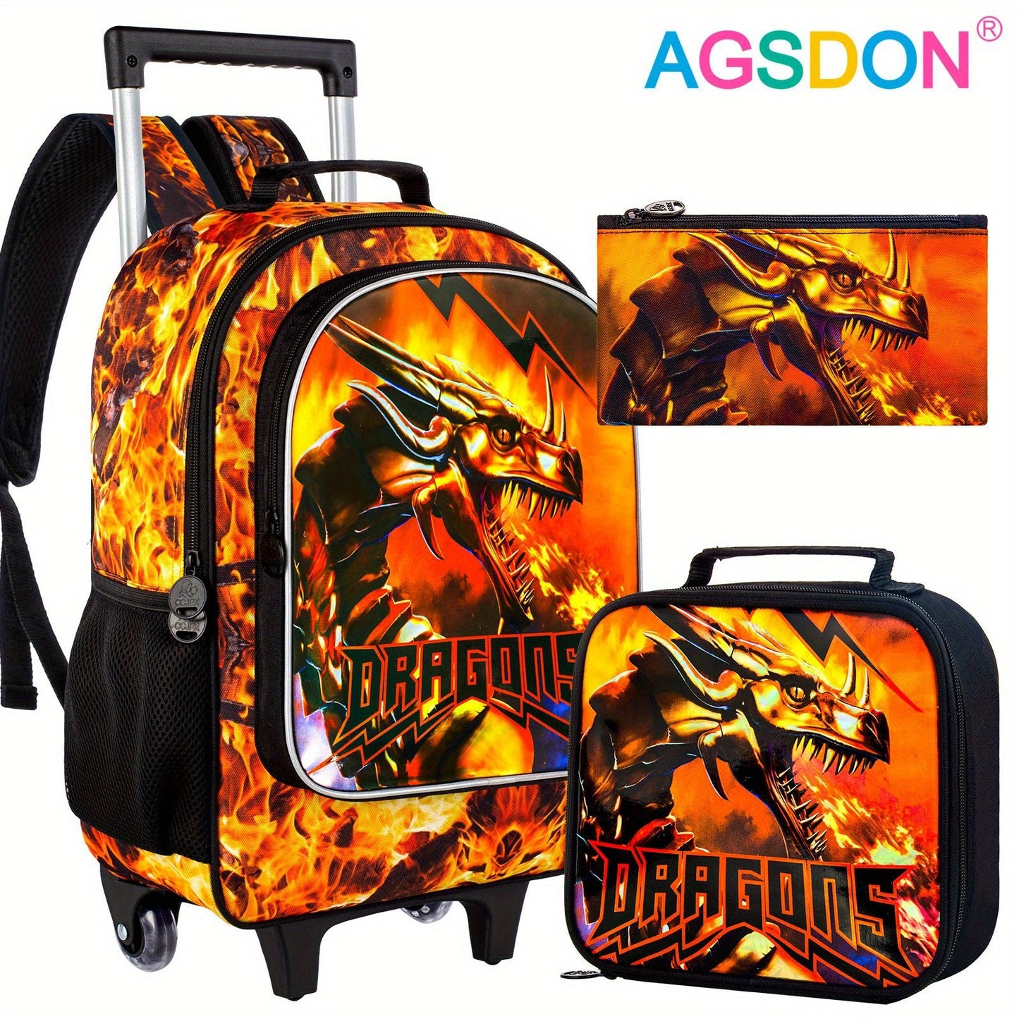 AGSDON Fire Dragon Wheeled Backpacks for Kids - Durable, Playful Design, Perfect for School & Travel