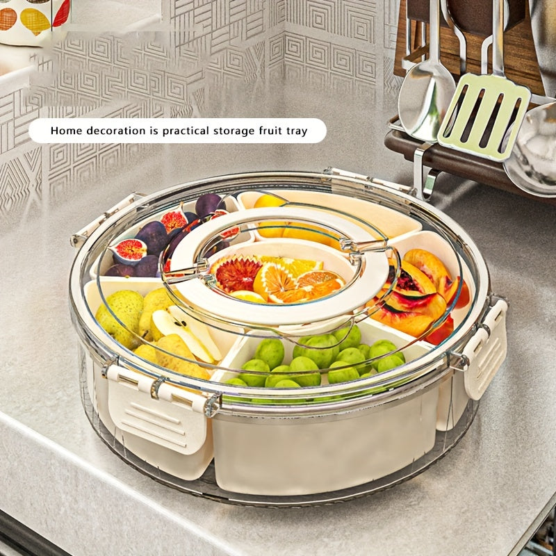 1pc Rotating Snack Tray with Lid | Round Plastic Food Storage Organizer | Ideal for Holidays & Parties