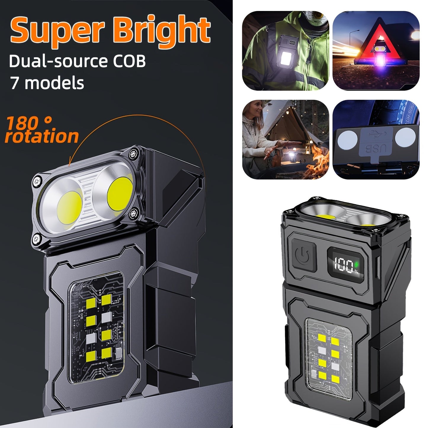 Ultra Bright Mini LED Flashlight - Rechargeable COB Work Light with Rotatable Head, Metal Clip & Magnet, 7 Modes