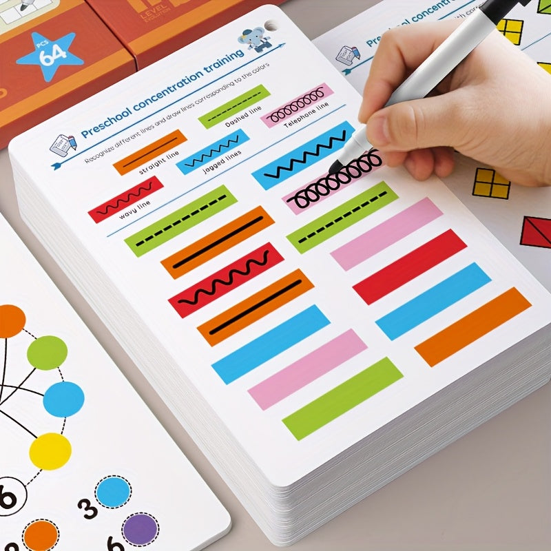 64-Page Reusable Kids Tracing Cards with Dry Erase Marker – Enhance Preschool Skills