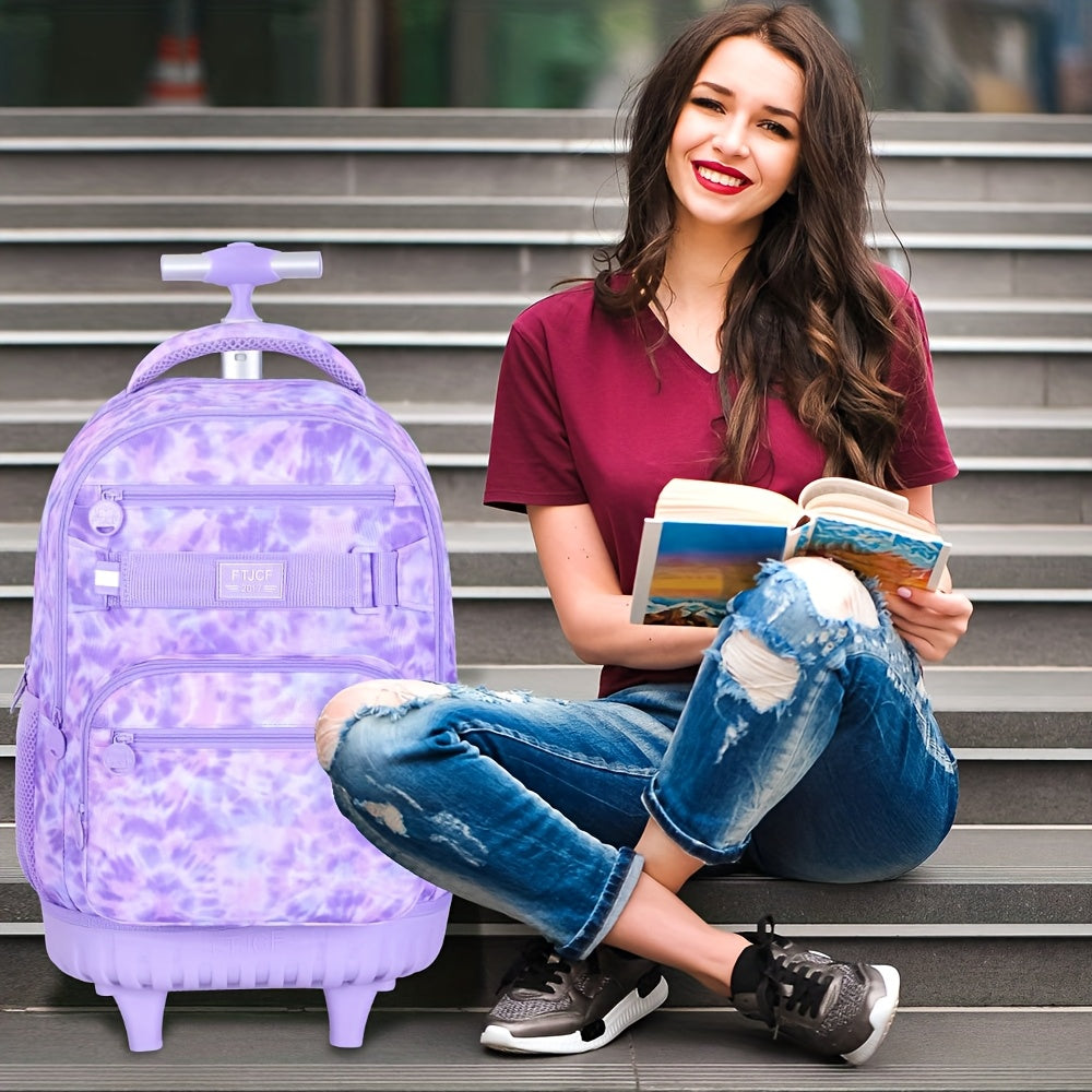 UFNDC Rolling Backpack for Girls & Women - Stylish Purple Tie-Dye Wheeled Bookbag with Lunch Bag
