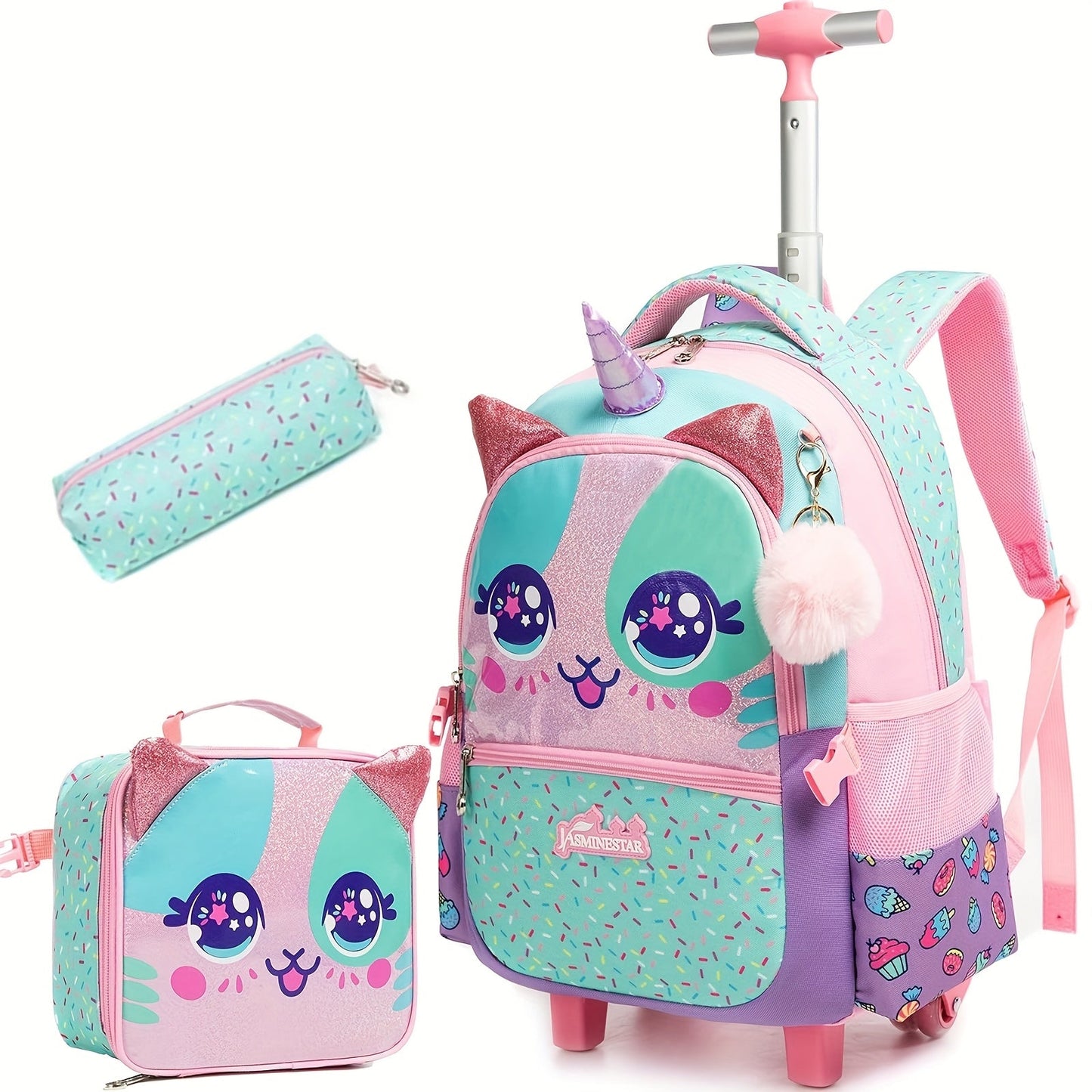 3pcs Rolling Backpack for Girls - School Bag with Wheels & Lunch Bag - Student Luggage & Bookbag Set