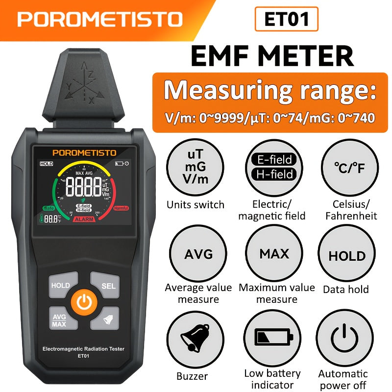 ET01 EMF Meter - 4000 Counts, Auto/Manual Range, Battery-Powered Home Tester