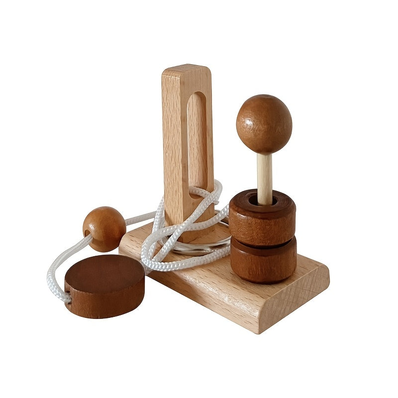 6pcs Wooden Topological Puzzle Rope Untying Game Set with Pillars and Building Blocks