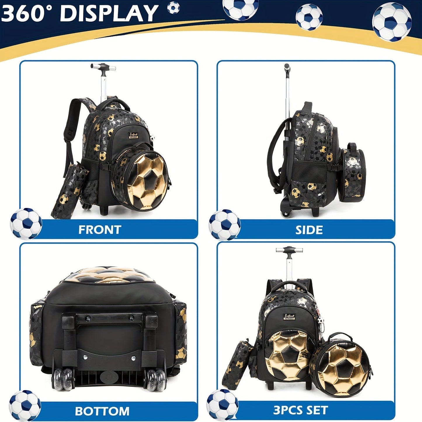Durable Boys' Rolling Backpack with Cartoon Football Design and Adjustable Straps