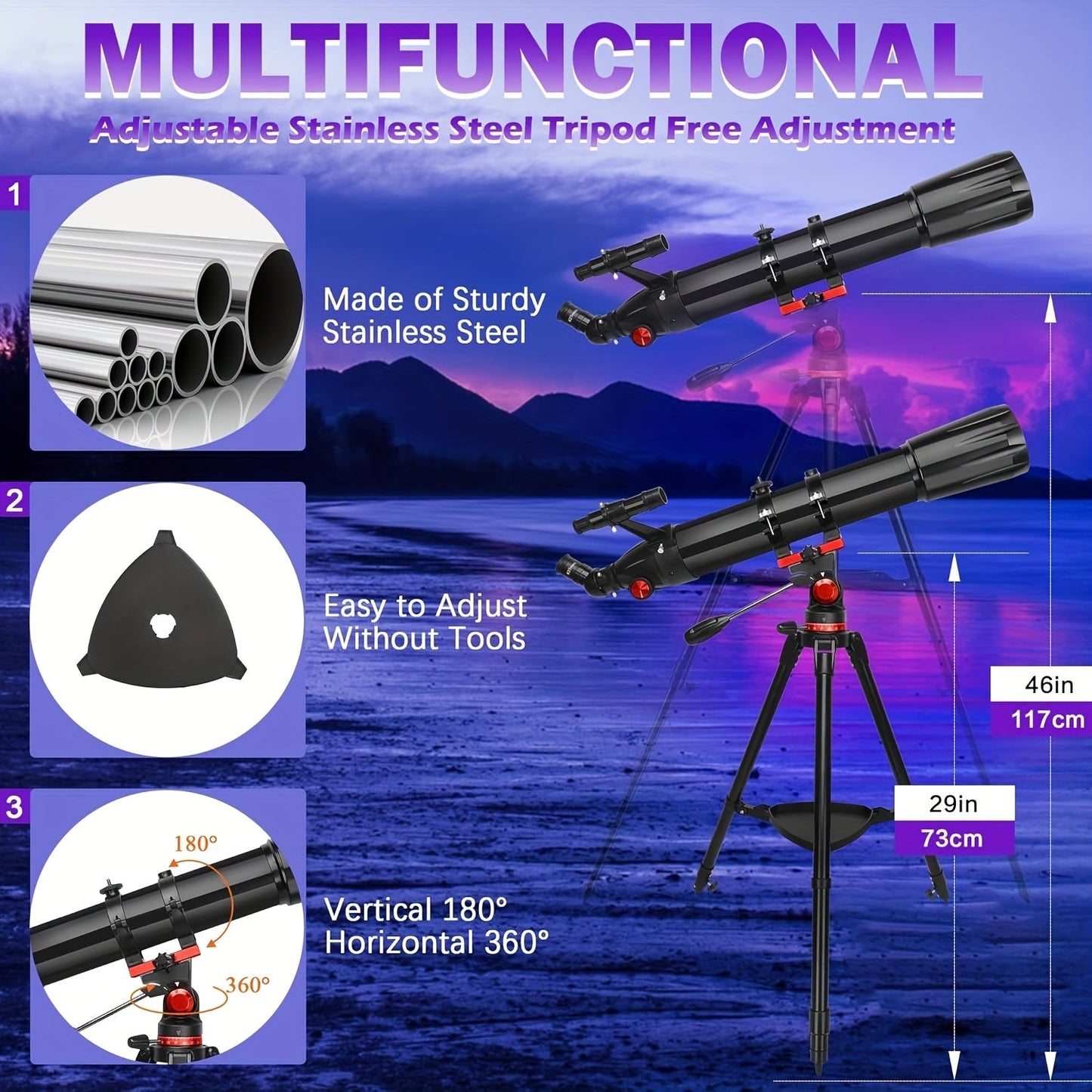 450x Magnification Refractor Telescope, 90mm Aperture with AZ Mount & Phone Holder - Ideal for Stargazing & Bird Watching - Perfect Gift