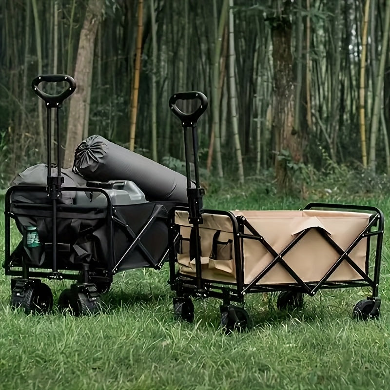 Heavy-Duty Steel Folding Cart with Large Wheels, Side Pockets, and Brakes - Perfect for Beach, Camping, and Outdoor Activities