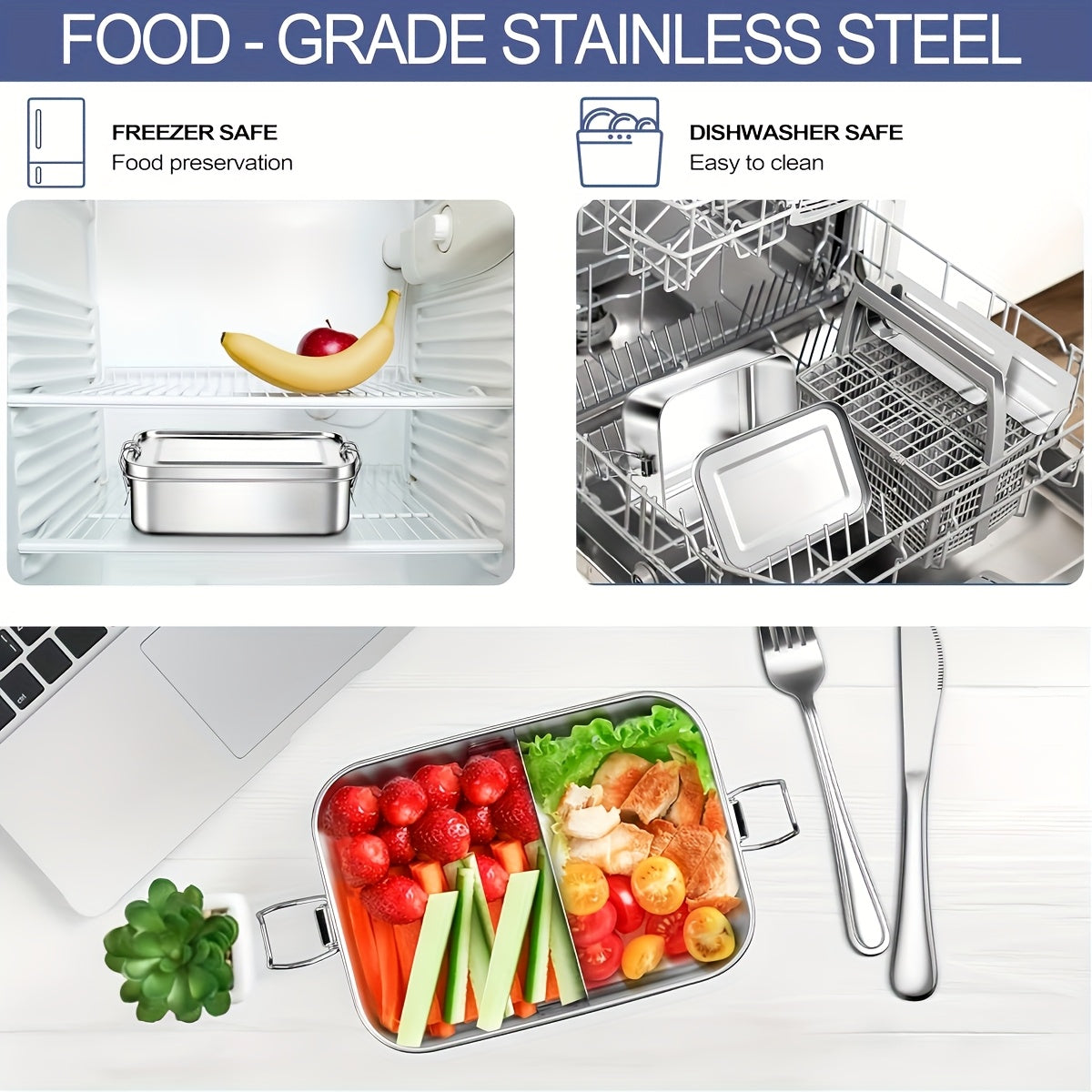 304 Stainless Steel Leak-Proof Lunch Box with Dividers - 1400ml/850ml, Oven & Refrigerator Safe
