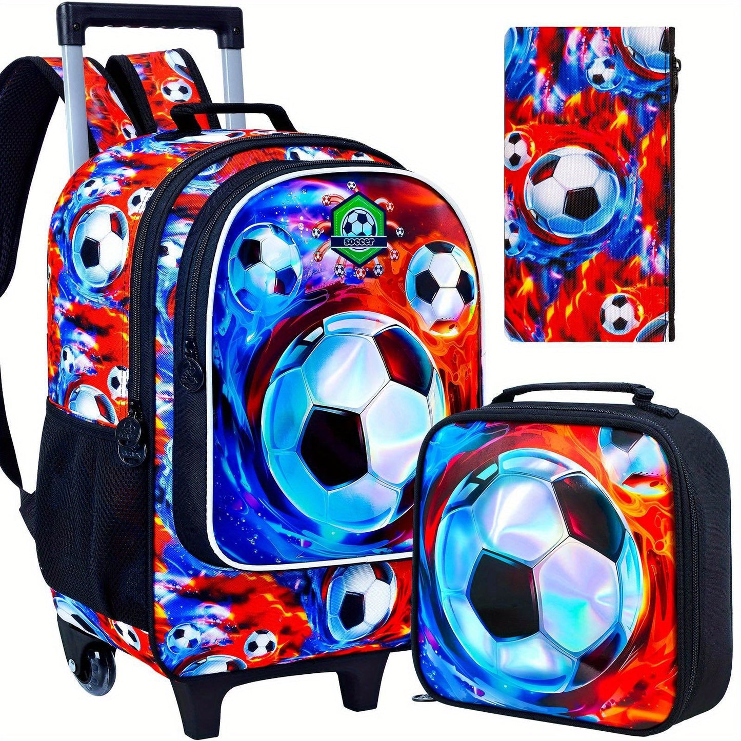 3pcs Rolling Backpack for Kids with Wheels - Soccer Design