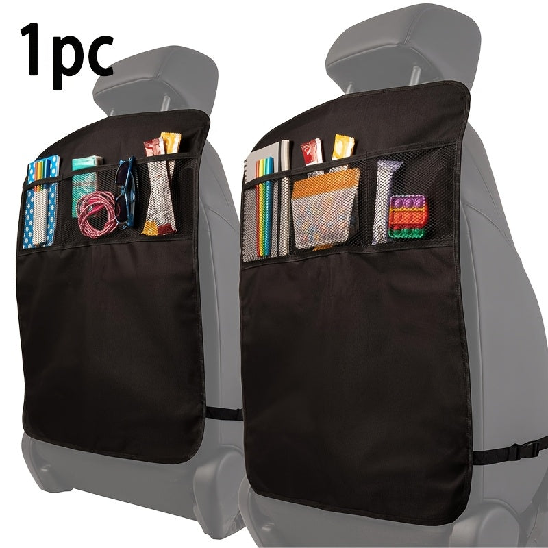 Black Car Seat Back Protector with Child Kick Guard and Storage