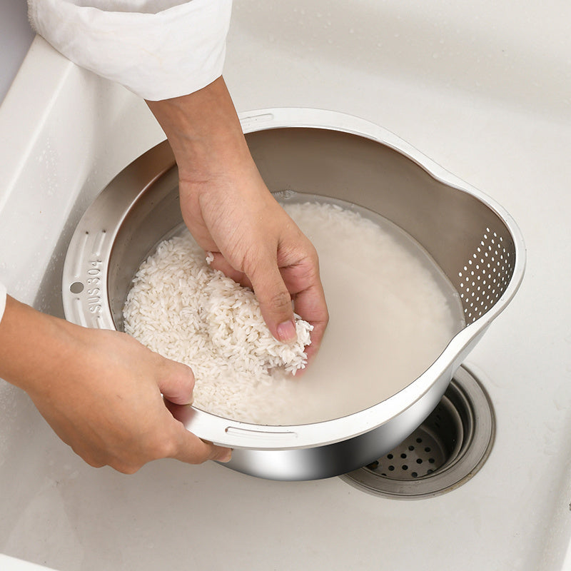 Premium 304 Stainless Steel Colander - Food-Safe Rice & Vegetable Washing Basin with Efficient Drain Basket