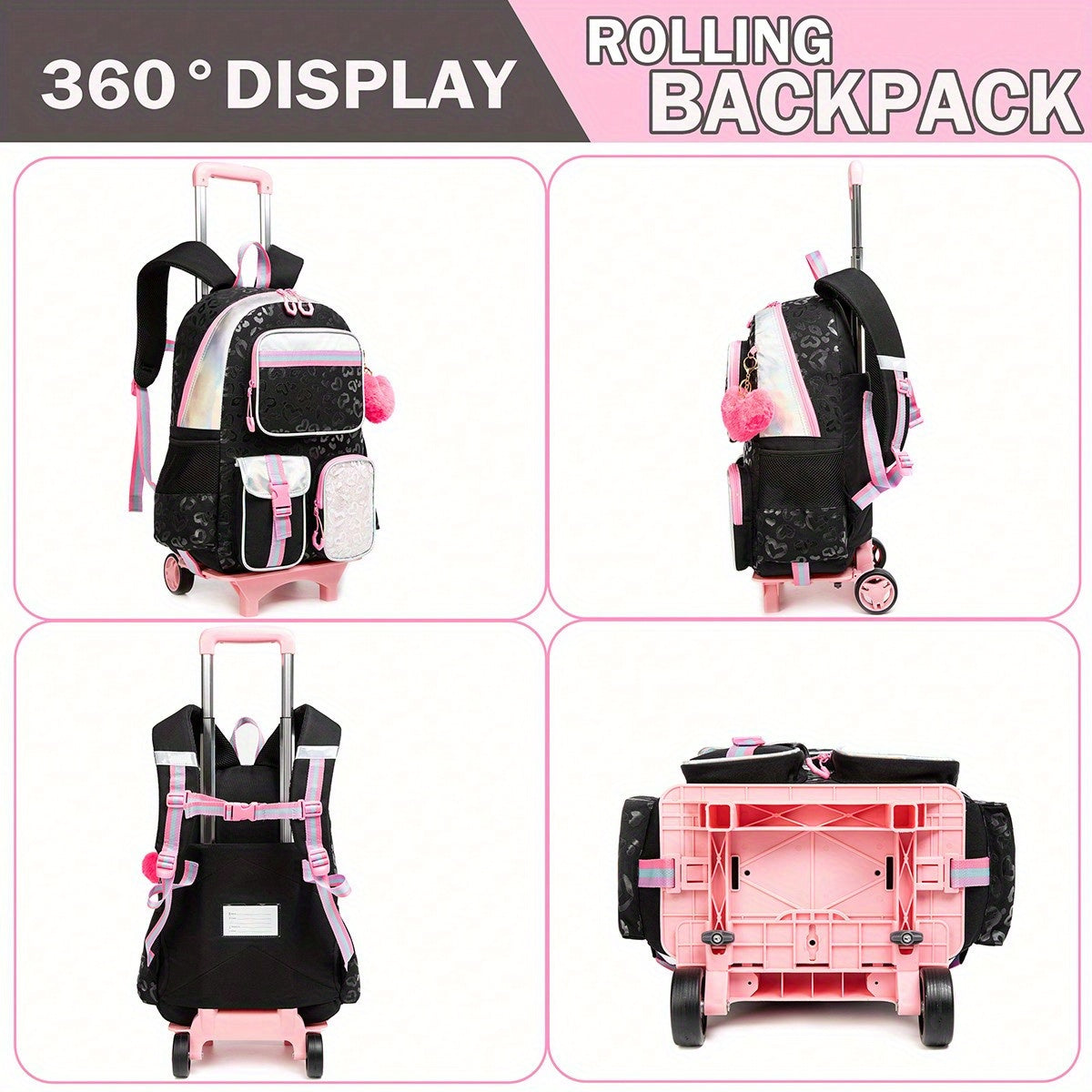 Rolling Backpack with Wheels for Girls - 3 in 1 Travel Set with Crossbody Bag