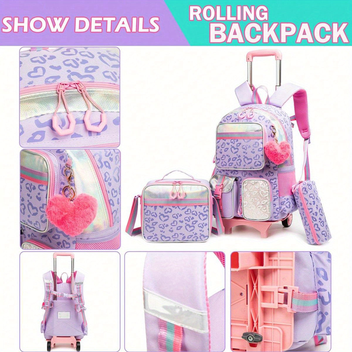 Rolling Backpack with Wheels for Girls - 3 in 1 Travel Set with Crossbody Bag