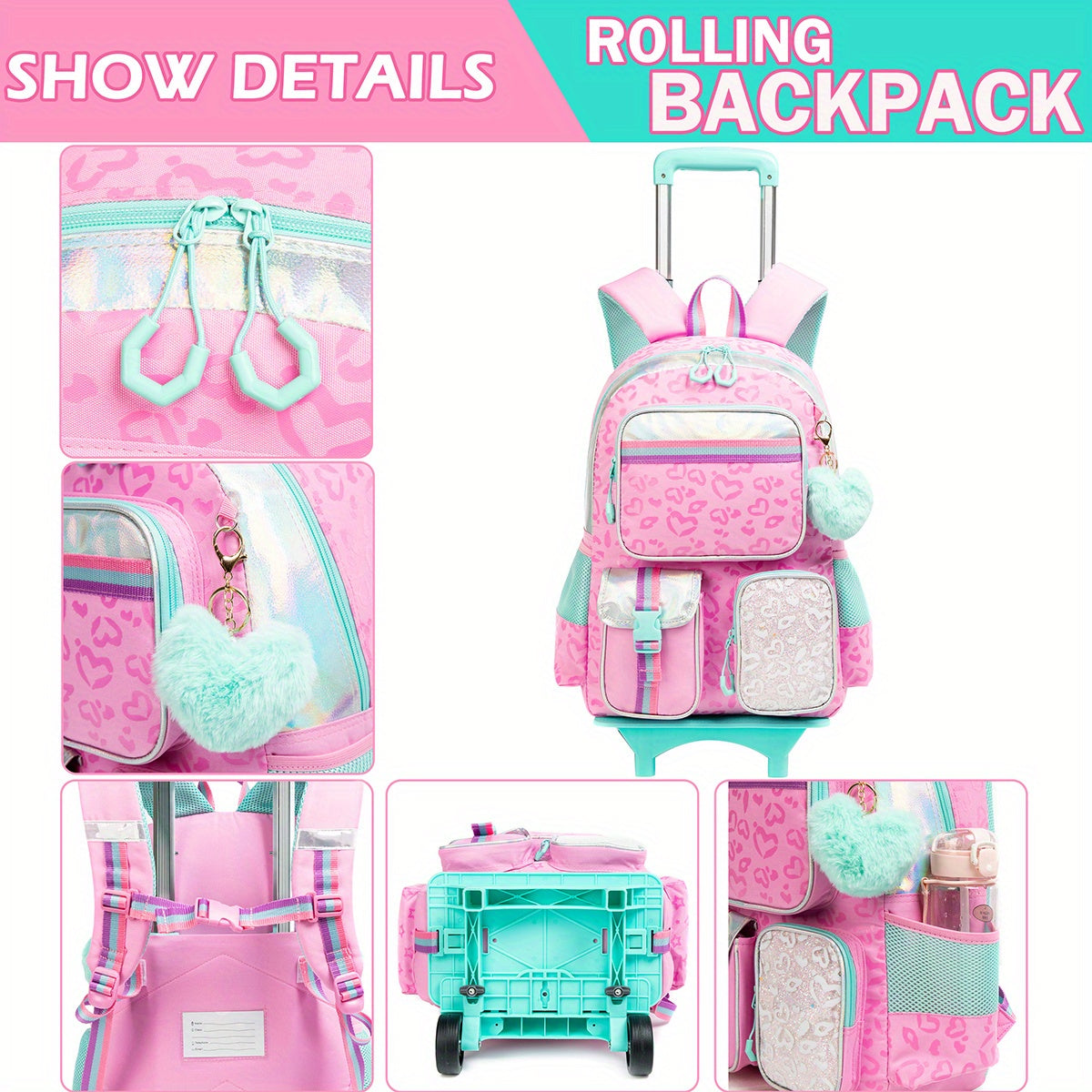 Rolling Backpack with Wheels for Girls - 3 in 1 Travel Set with Crossbody Bag
