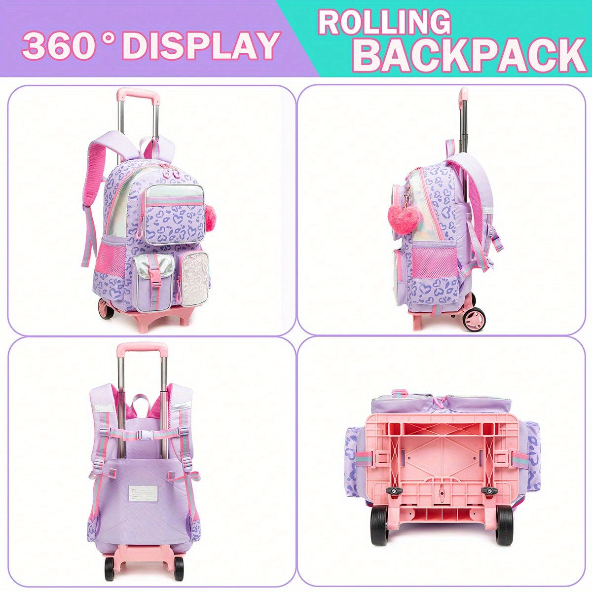 Rolling Backpack with Wheels for Girls - 3 in 1 Travel Set with Crossbody Bag
