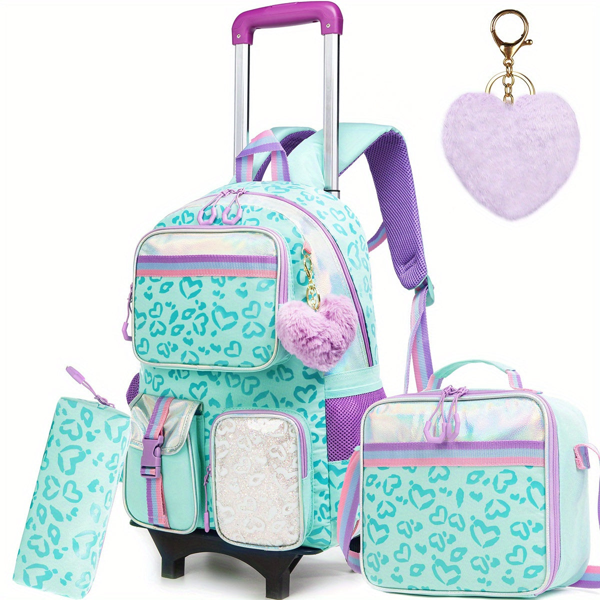 Rolling Backpack with Wheels for Girls - 3 in 1 Travel Set with Crossbody Bag