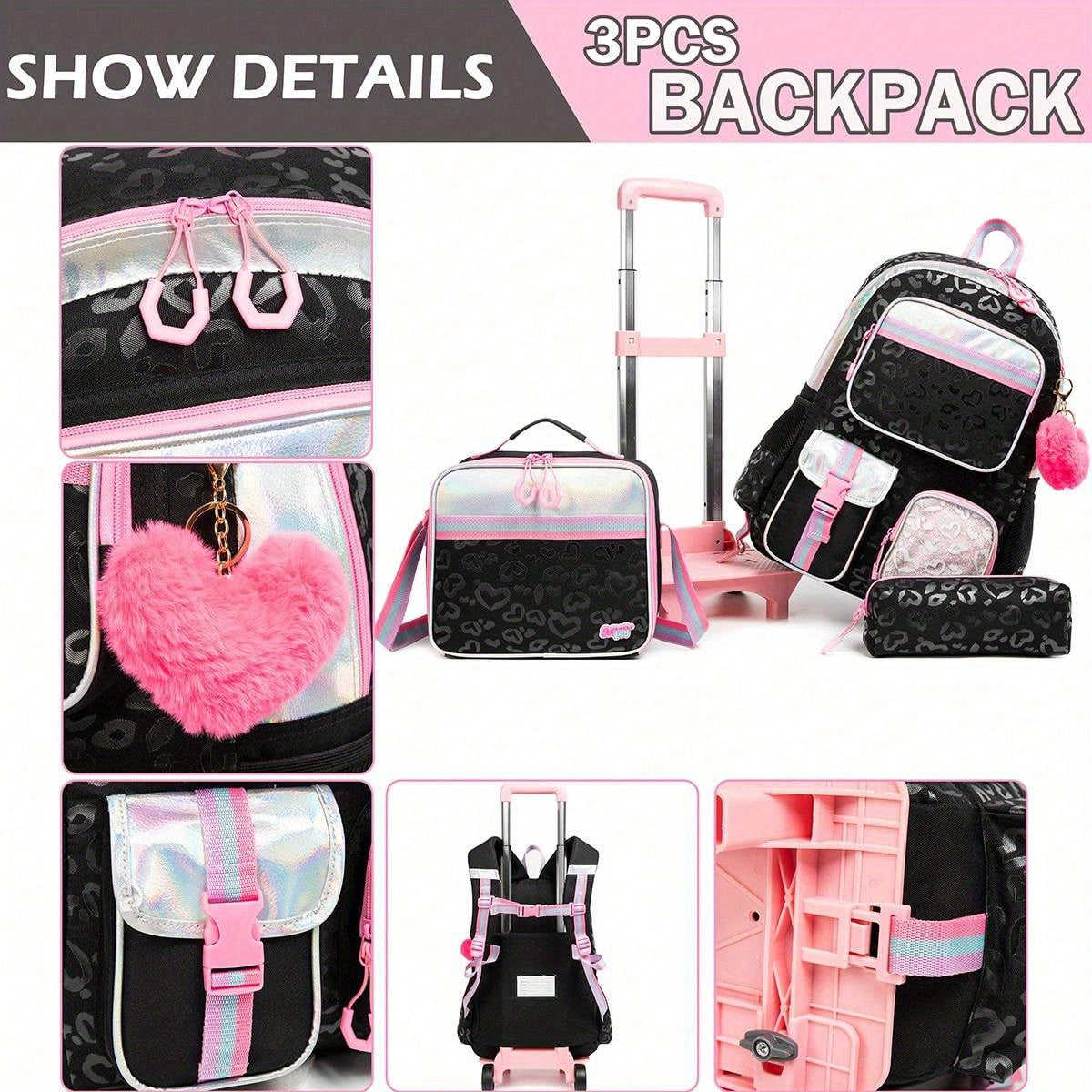 Rolling Backpack with Wheels for Girls - 3 in 1 Travel Set with Crossbody Bag