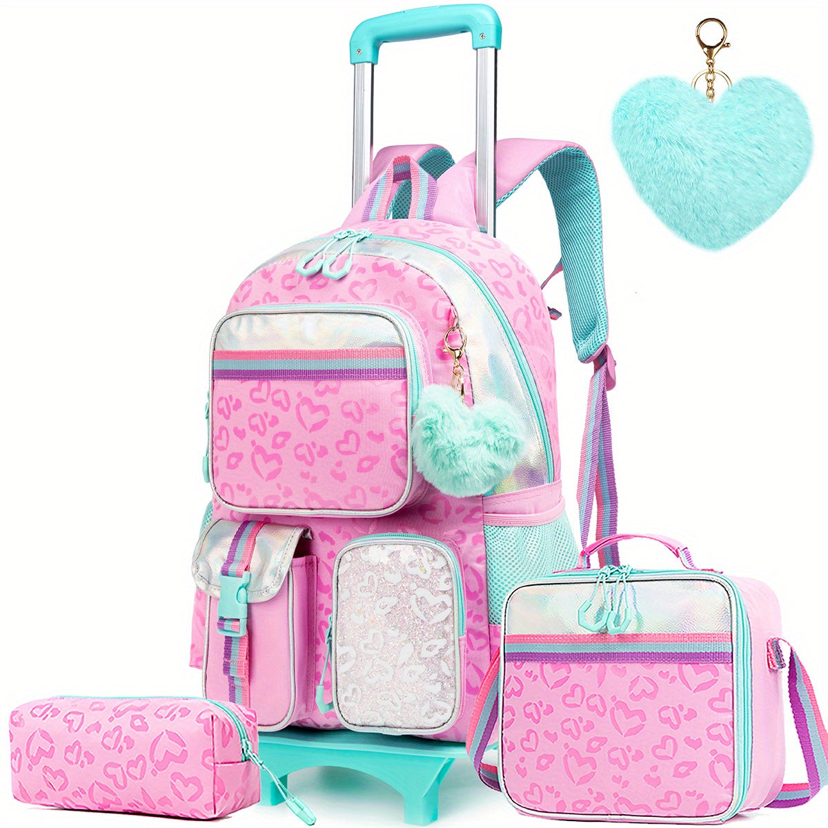 Rolling Backpack with Wheels for Girls - 3 in 1 Travel Set with Crossbody Bag