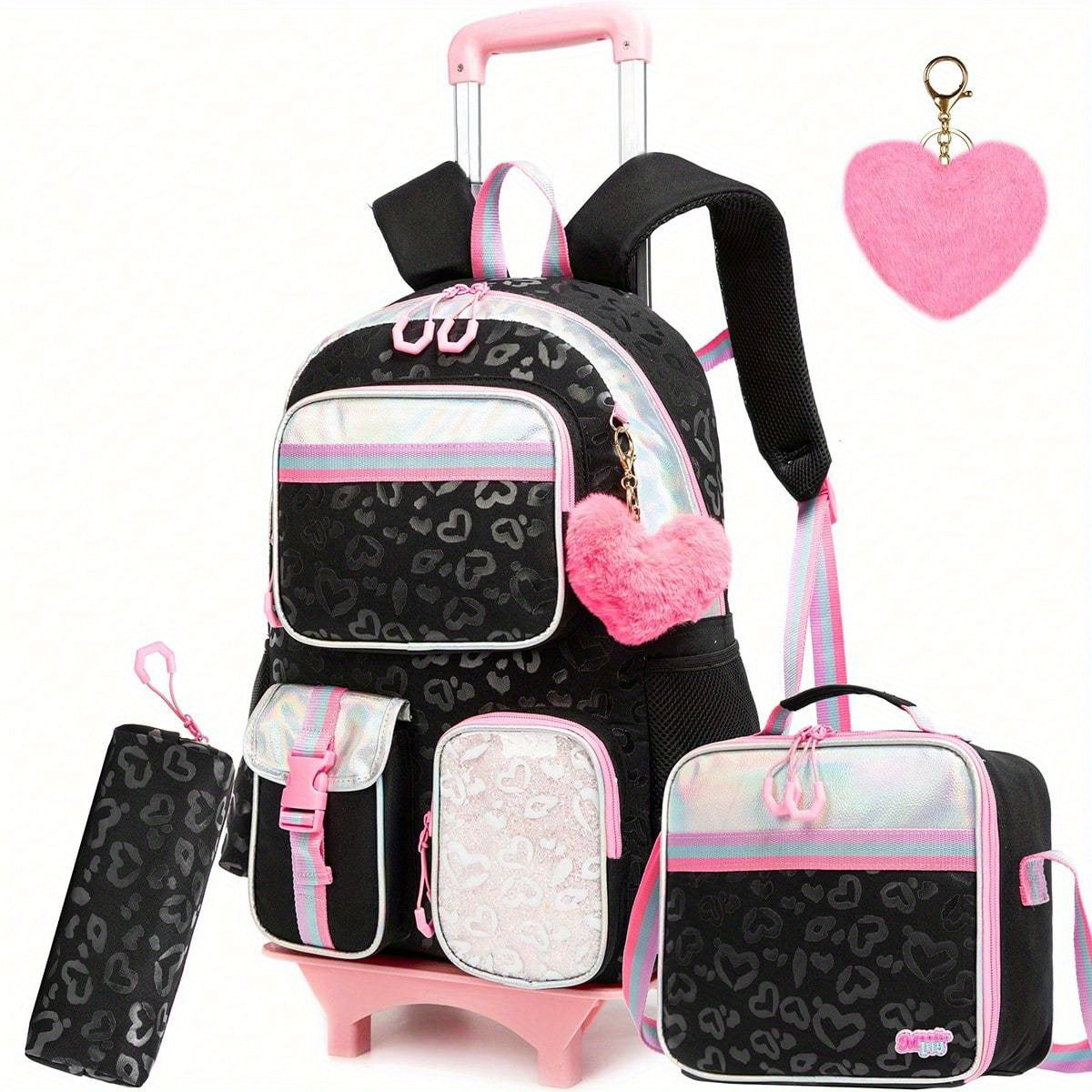 Rolling Backpack with Wheels for Girls - 3 in 1 Travel Set with Crossbody Bag