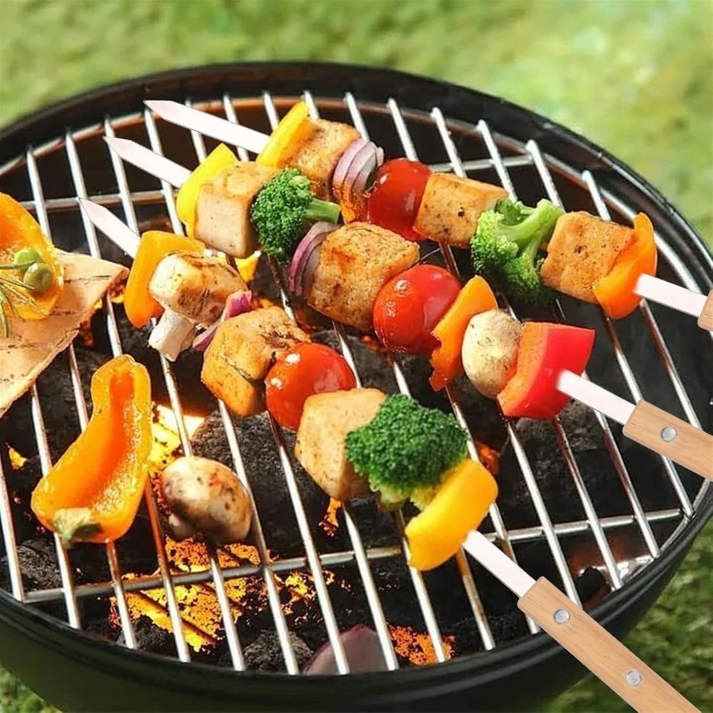 Heavy Duty Stainless Steel BBQ Skewers with Wooden Handles | Durable Outdoor Grill Utensils