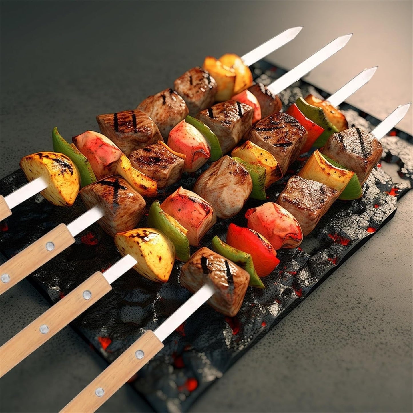 Heavy Duty Stainless Steel BBQ Skewers with Wooden Handles | Durable Outdoor Grill Utensils