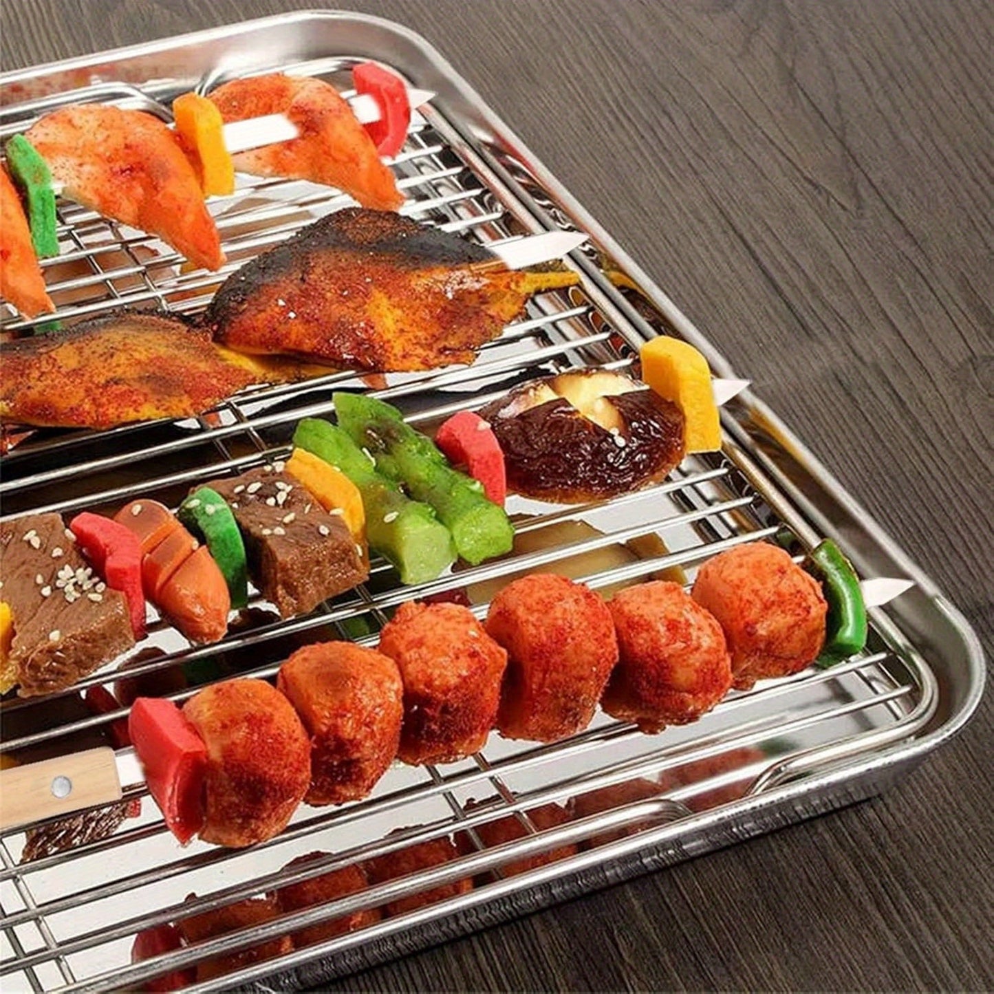 Heavy Duty Stainless Steel BBQ Skewers with Wooden Handles | Durable Outdoor Grill Utensils