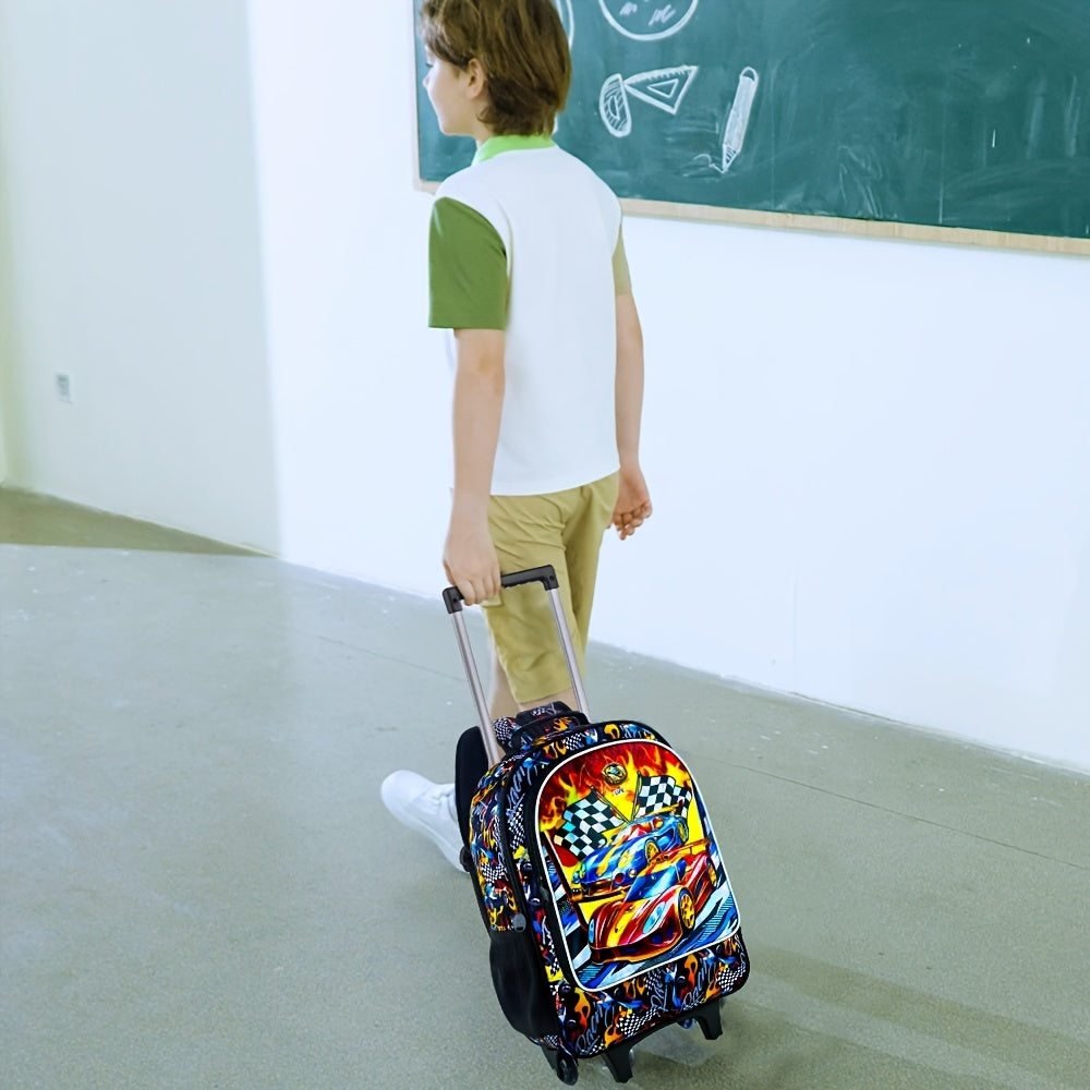 3pcs Car Rolling Bookbag for Boys, Kids School Backpack with Wheels, Polyester, Lightweight, Sports Style