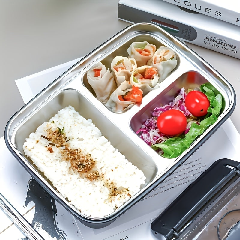 Leak-Proof Stainless Steel Bento Lunch Box with 3 Compartments - Durable & Easy to Clean - Perfect for School, Work & Travel