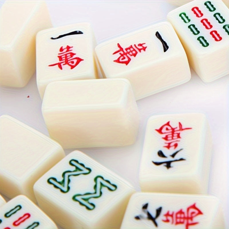 144pcs White Compact Mahjong Set with Elegant Floral & Geometric Designs for Travel & Family Fun