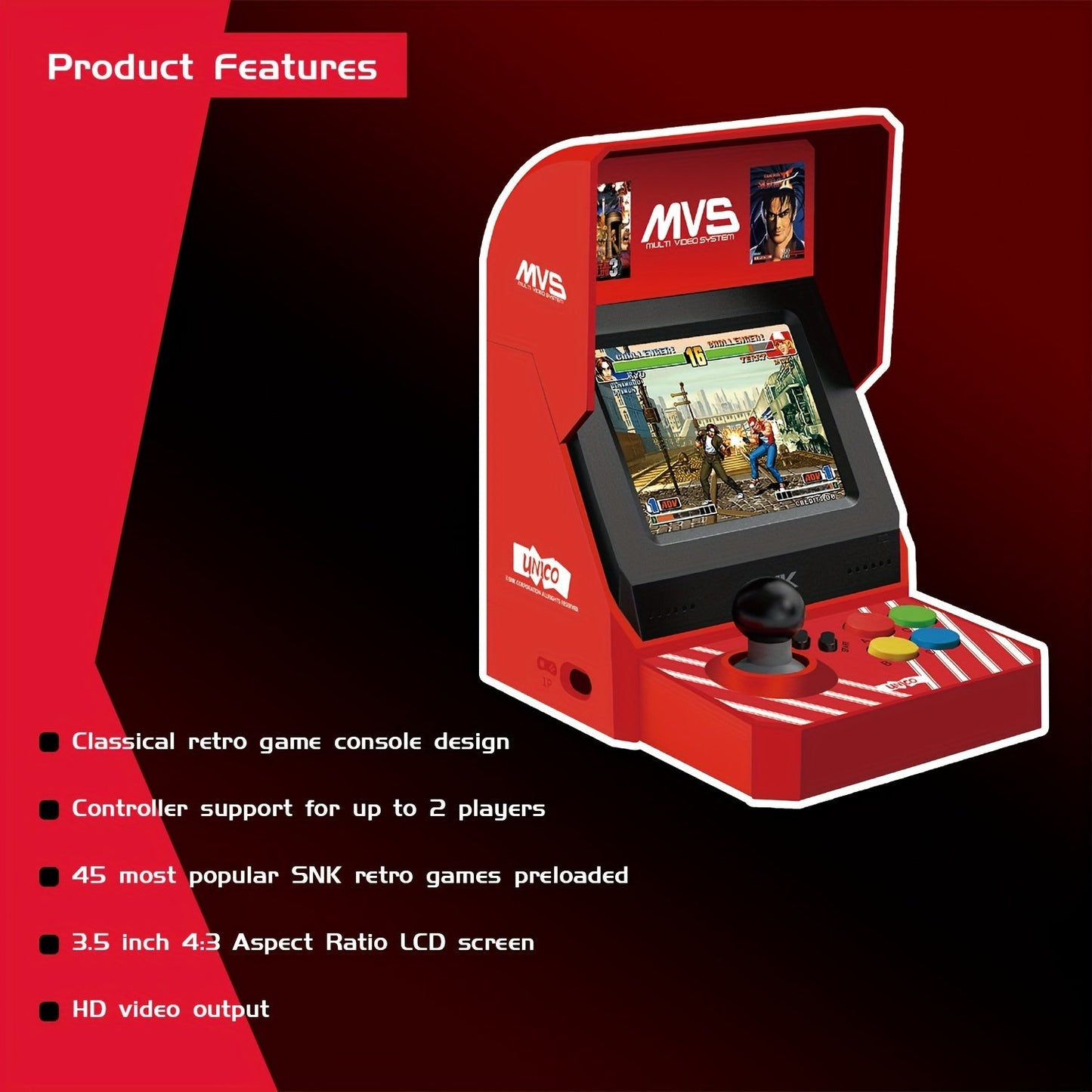UNICO SNK MVS Mini Arcade - 45 Classic NeoGeo Games, USB Powered, Retro Gaming Console