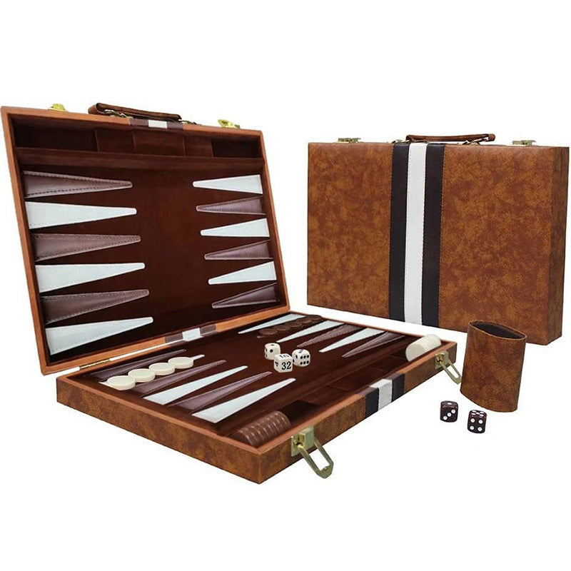 Classic 15-inch Backgammon Set with Folding Board & Leather Case