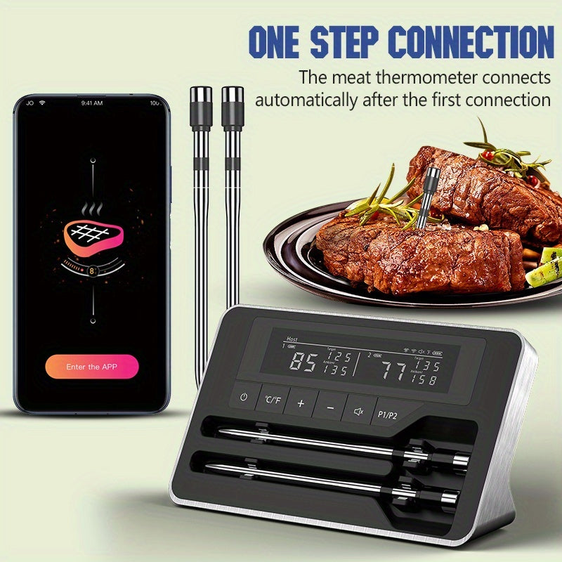 Wireless Meat Thermometer with Dual Probes and App Alerts | Long Range, Instant Read, USB Charging, Stainless Steel for BBQ, Grill, Oven, Smoker