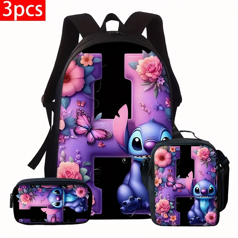 Lilo & Stitch Alphabet Backpack Set - Purple Floral Theme | A-Z Letters | Fashionable & Functional for Travel & Daily Use