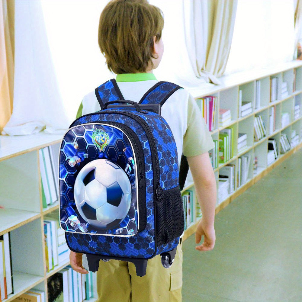 3pcs Rolling Backpack for Kids with Wheels - Soccer Design