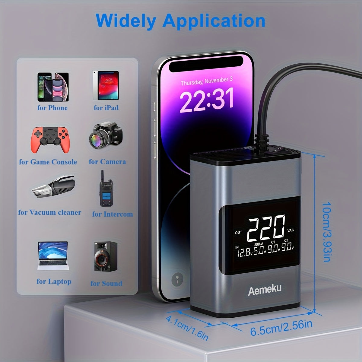 Aemeku 200W Mini Car Inverter - 12V/24V to 220V, Universal Socket, PD & USB Ports