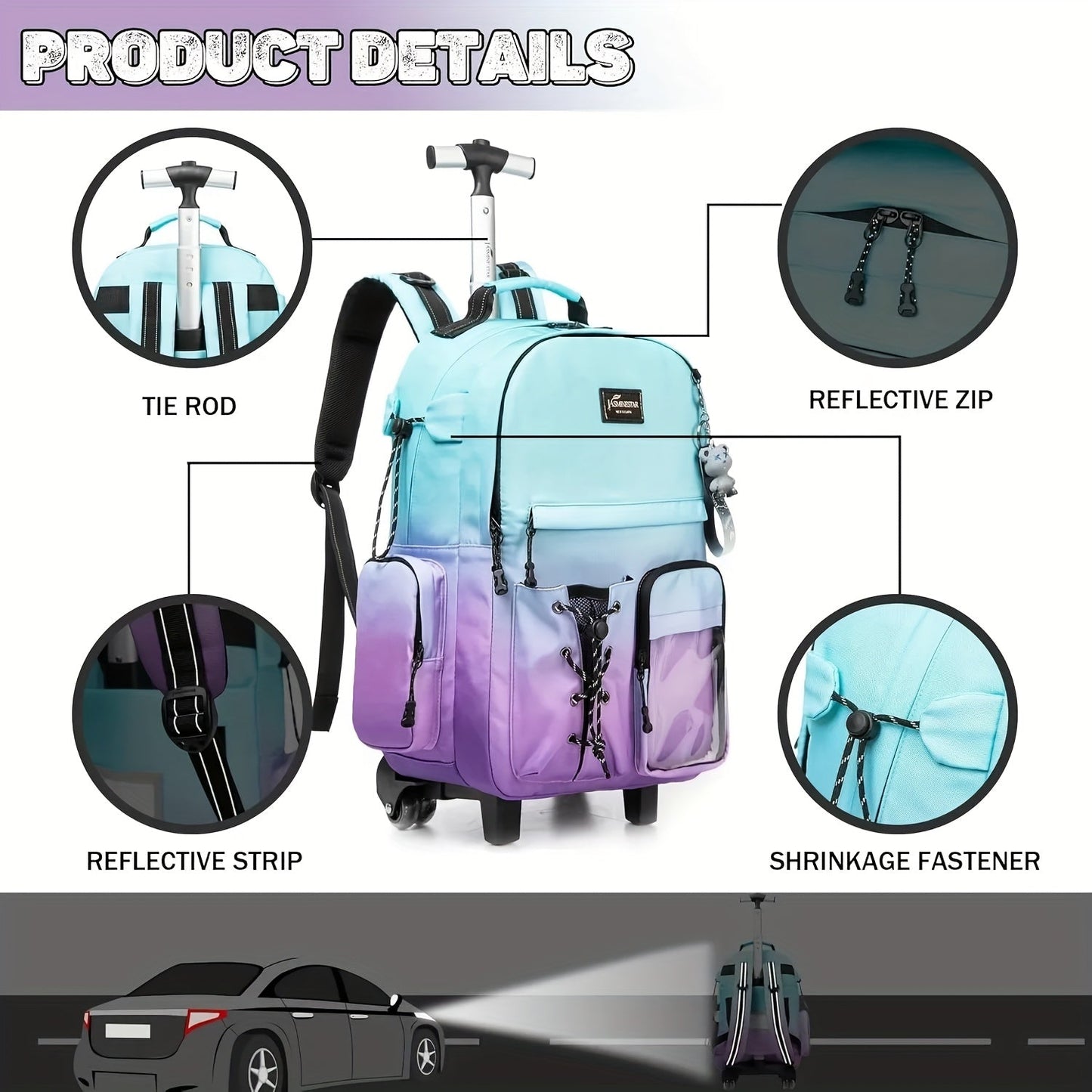 3pcs Rolling School Bags for Girls - Wheeled Backpack & Trolley Luggage