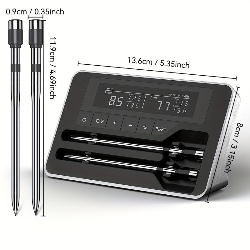 Wireless Meat Thermometer with Dual Probes and App Alerts | Long Range, Instant Read, USB Charging, Stainless Steel for BBQ, Grill, Oven, Smoker