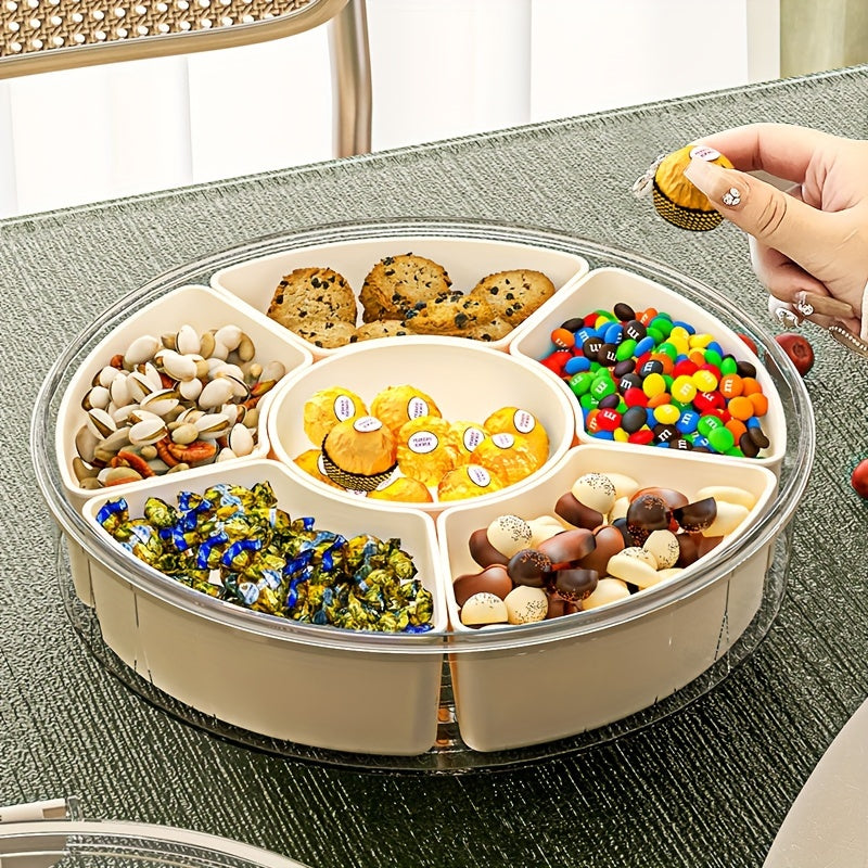 1pc Rotating Snack Tray with Lid | Round Plastic Food Storage Organizer | Ideal for Holidays & Parties