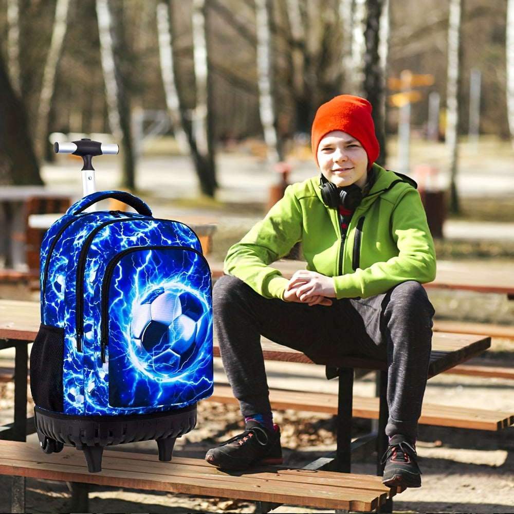3pcs Boys' Rolling Backpack with Wheels - Cartoon Football Design, Adjustable Straps | Perfect for School & Kindergarten