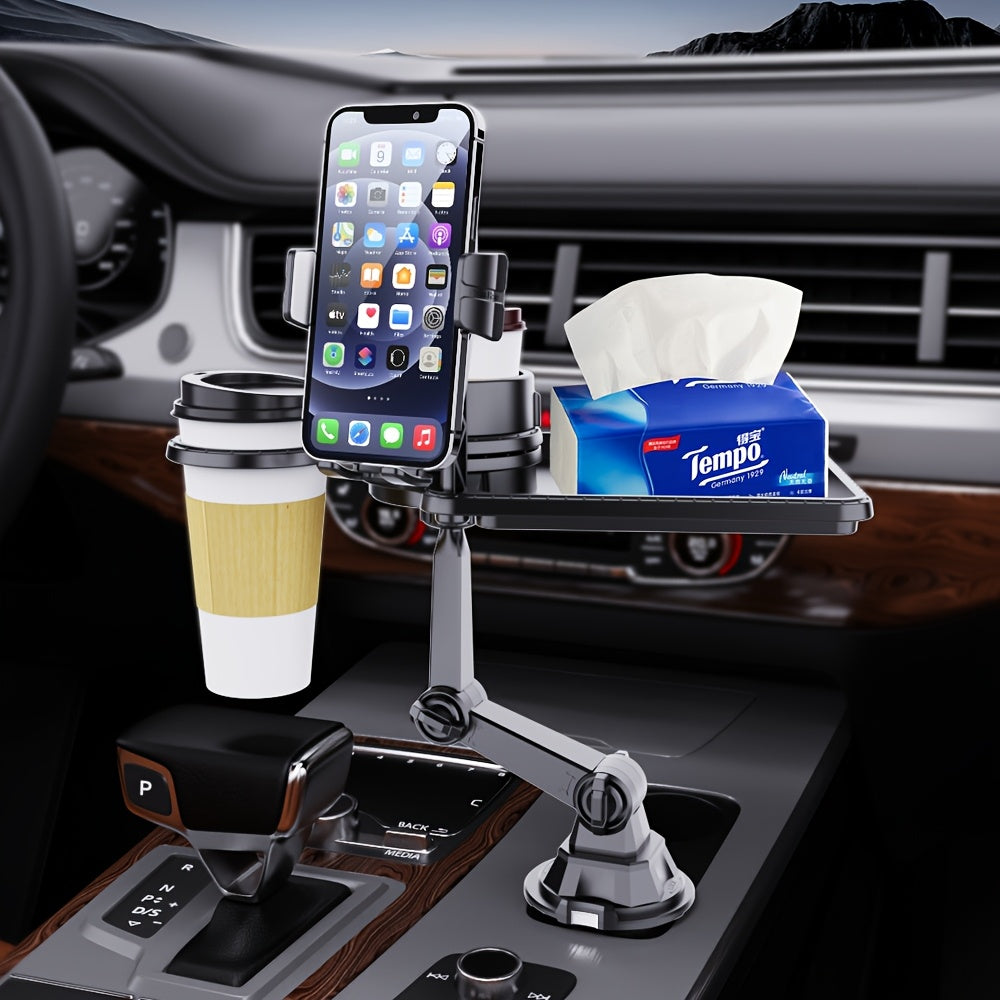 Universal Car Cup Holder & Phone Mount with Tray - Rotatable & Adjustable
