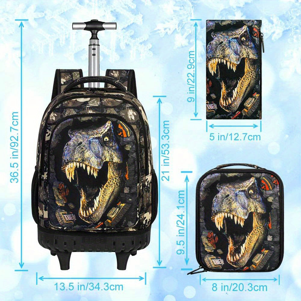 3pcs CCJPX Men's Dinosaur Backpack with Wheels - Large Capacity, Lightweight Travel Roller Bookbag for Commuting & Travel
