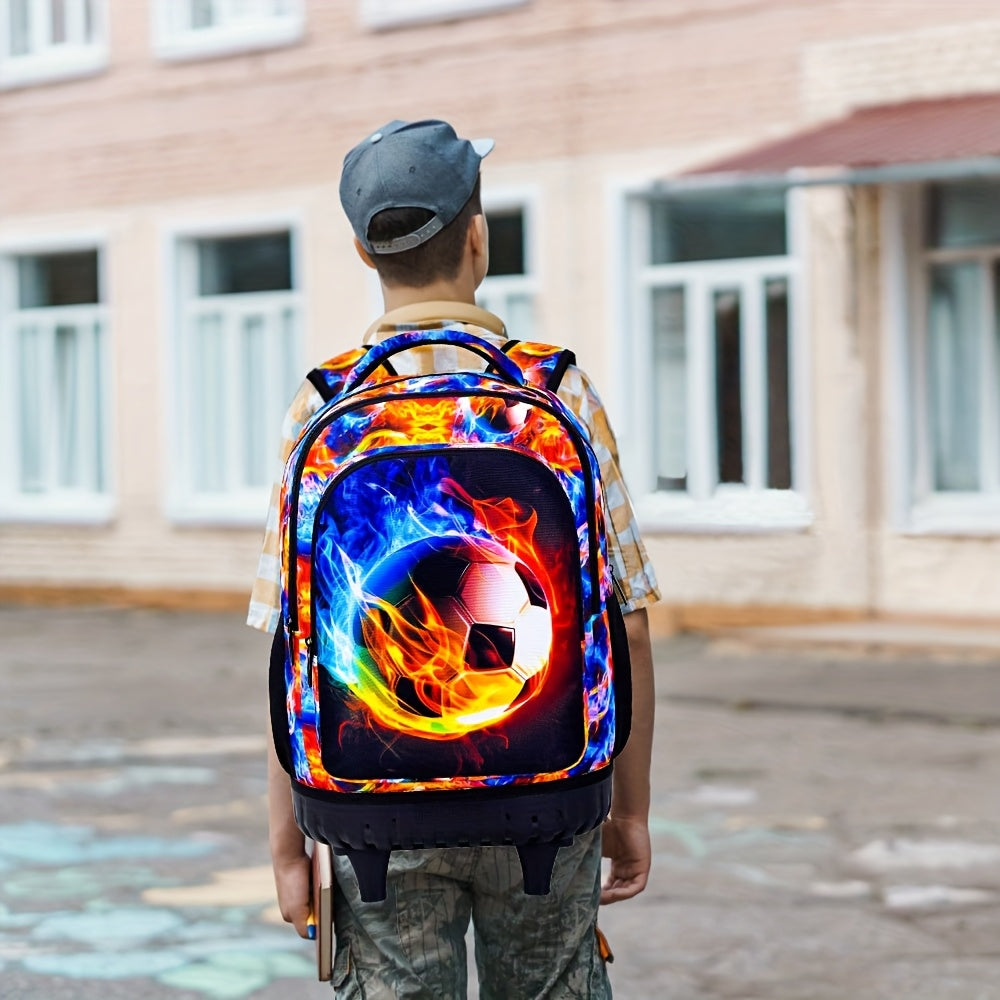 3pcs Boys' Rolling Backpack with Wheels - Cartoon Football Design, Adjustable Straps | Perfect for School & Kindergarten
