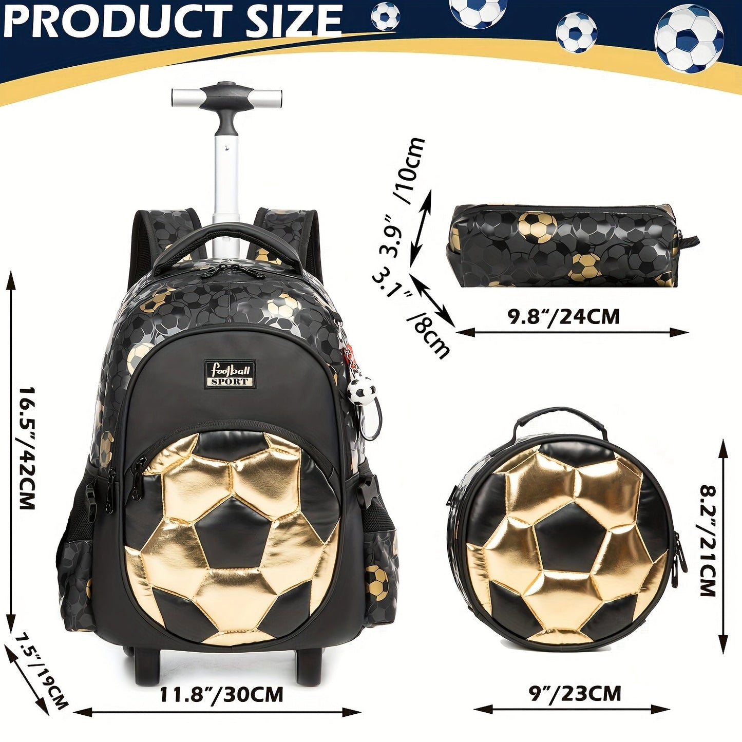 Durable Boys' Rolling Backpack with Cartoon Football Design and Adjustable Straps